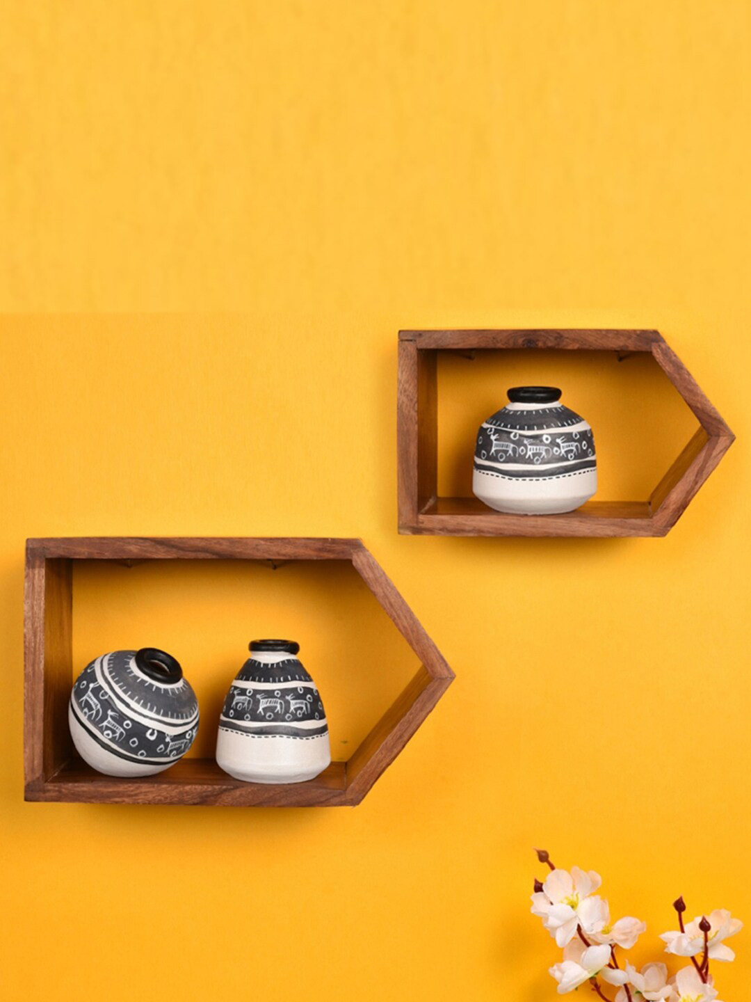 AAKRITI ART CREATIONS Set of 2 Brown Wood Basic Wall Shelves with 3 Pots
