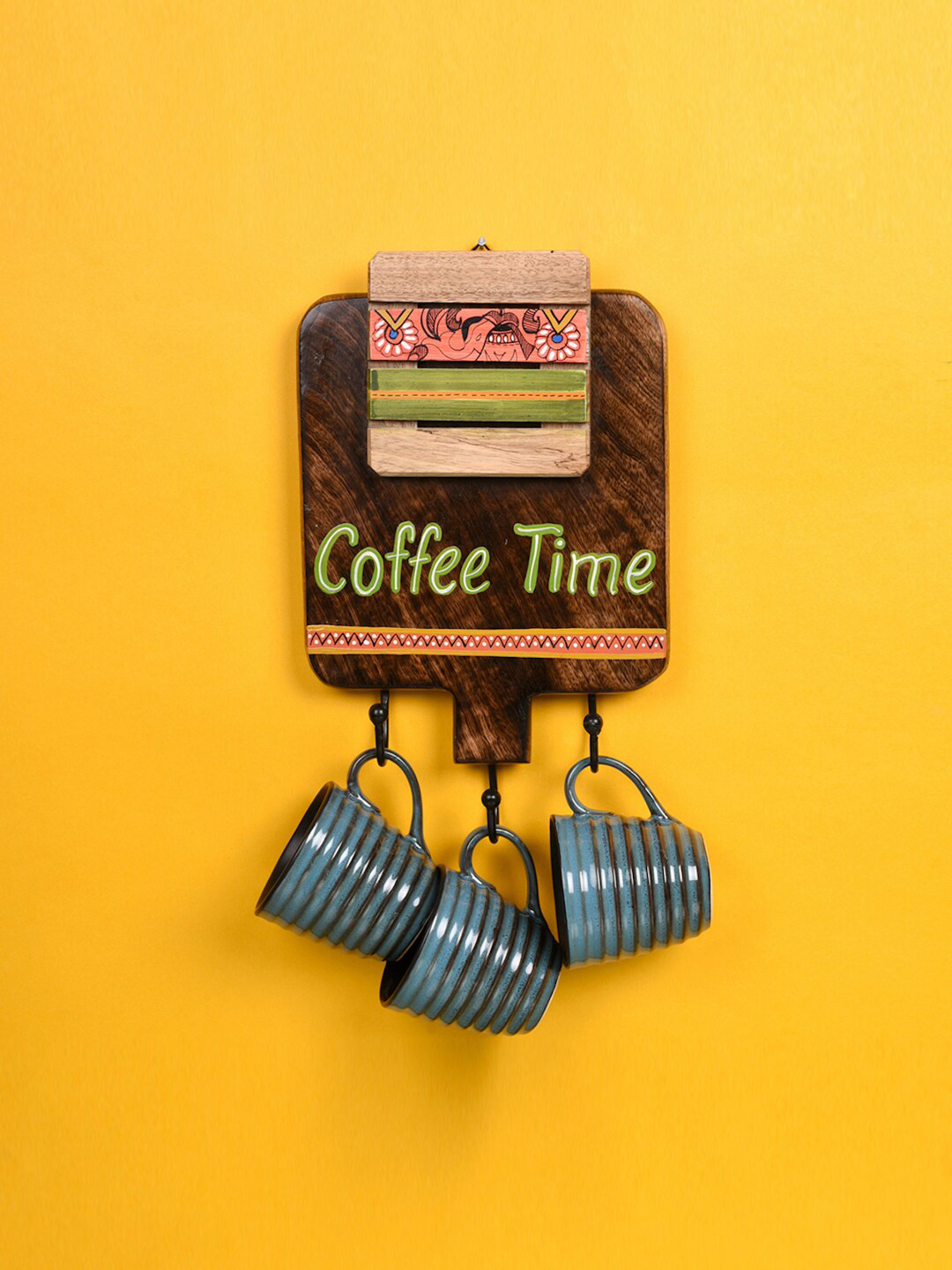 AAKRITI ART CREATIONS Travel Brown Striped Ceramic Handcrafted 3 Piece Mug with 1 Wall Mounted Holder-175ml