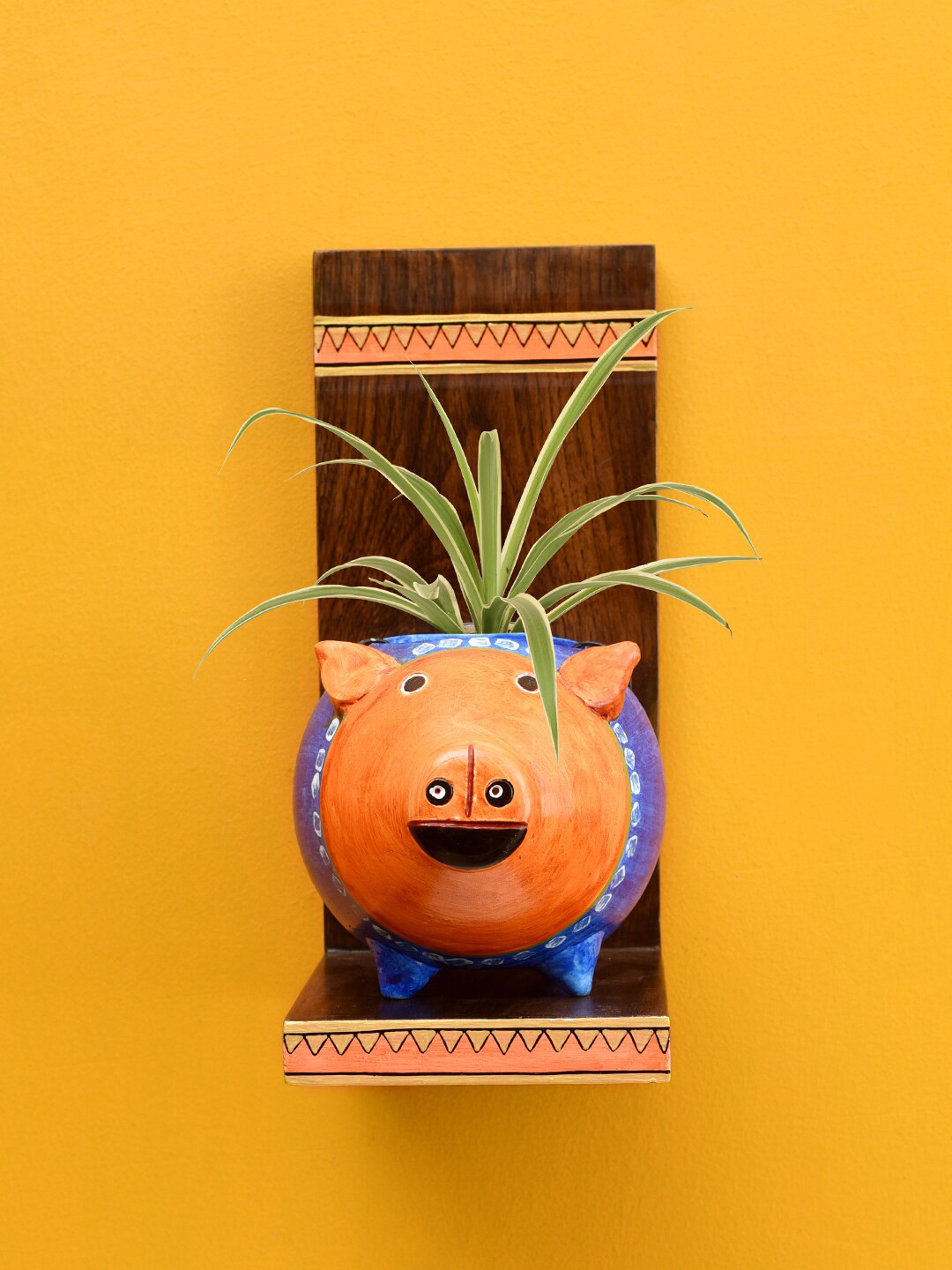 AAKRITI ART CREATIONS Brown & Orange Piggy Wall Shelf with Earthen Planter