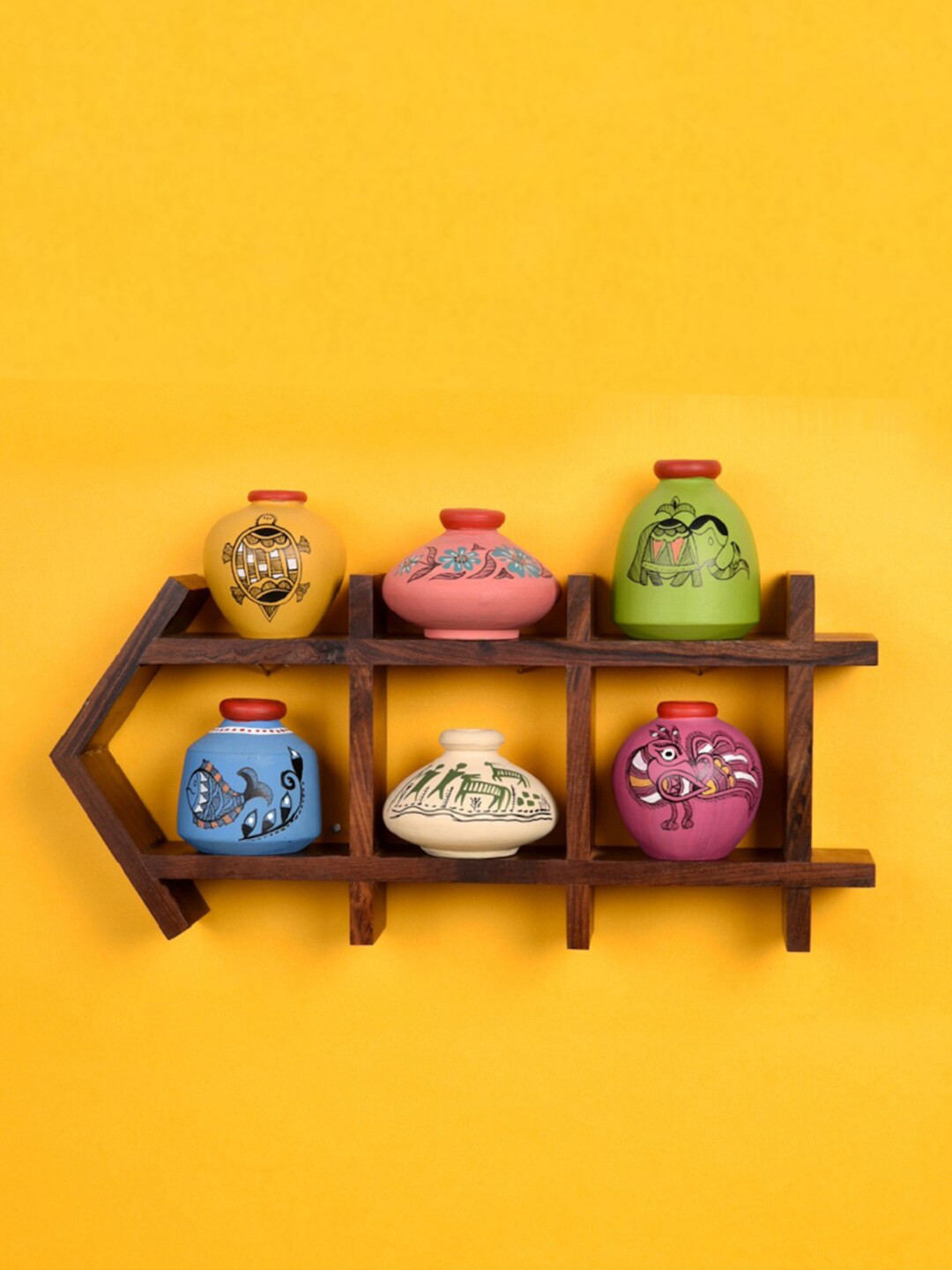 AAKRITI ART CREATIONS Ladder & Madhubani Pots Wood Ethnic Motifs Matte Wall Plates-6In