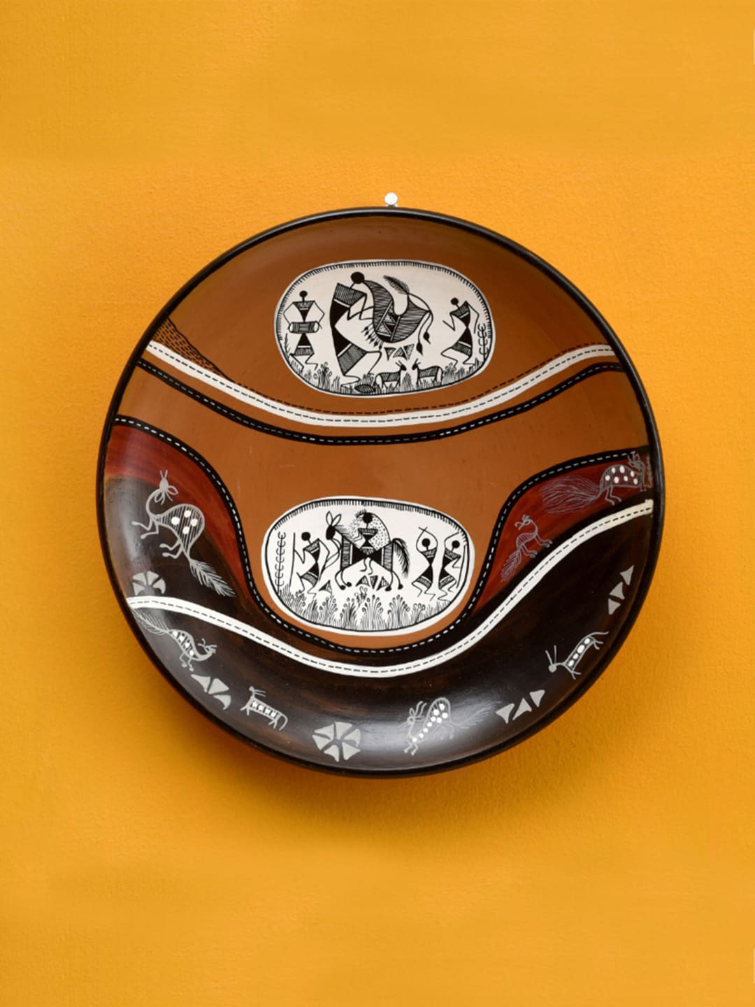 AAKRITI ART CREATIONS Warli Earthen Plate Wood Ethnic Motifs Glossy Hall Wall Plates-9In
