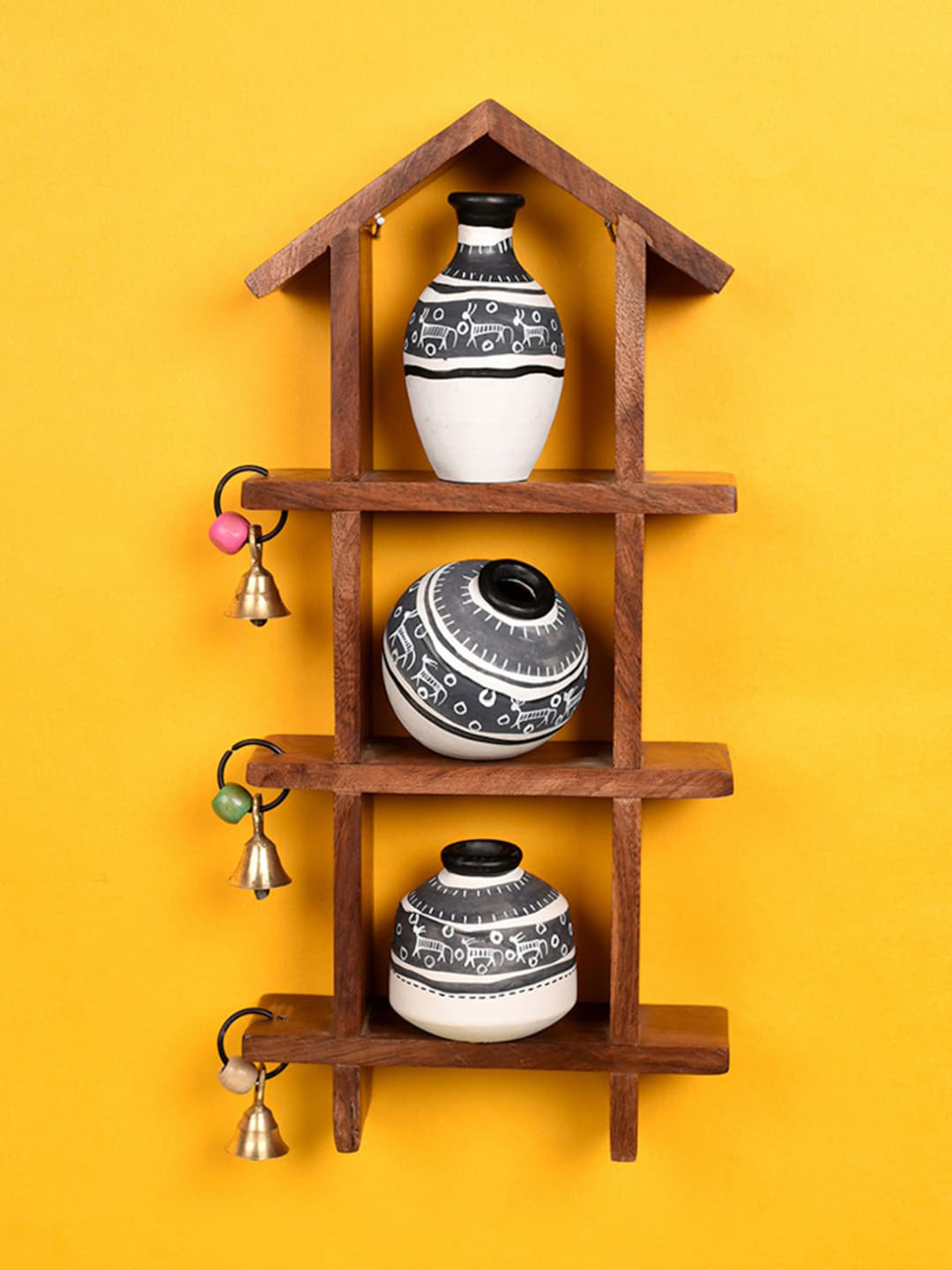 AAKRITI ART CREATIONS Ladder & Warli Pots Wood Ethnic Motifs Matte Hall Wall Hangings-13In