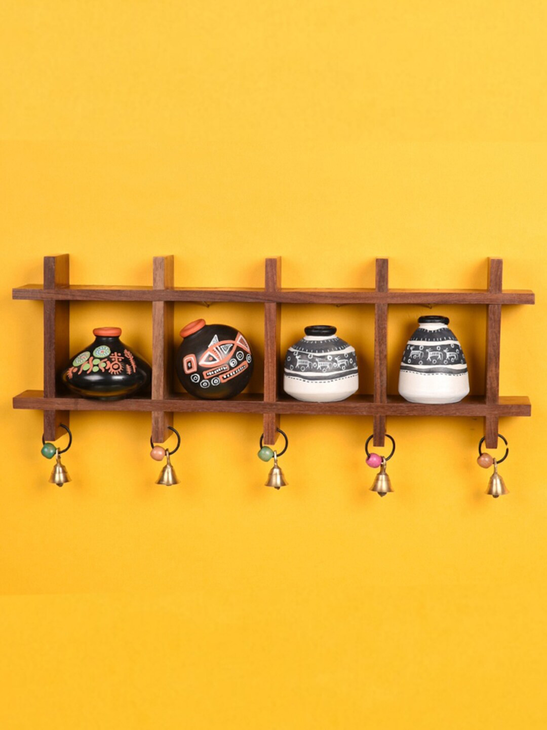 AAKRITI ART CREATIONS Ladder & Warli Pots Wood Matte Hanging Hall Wall Hangings-6.7In