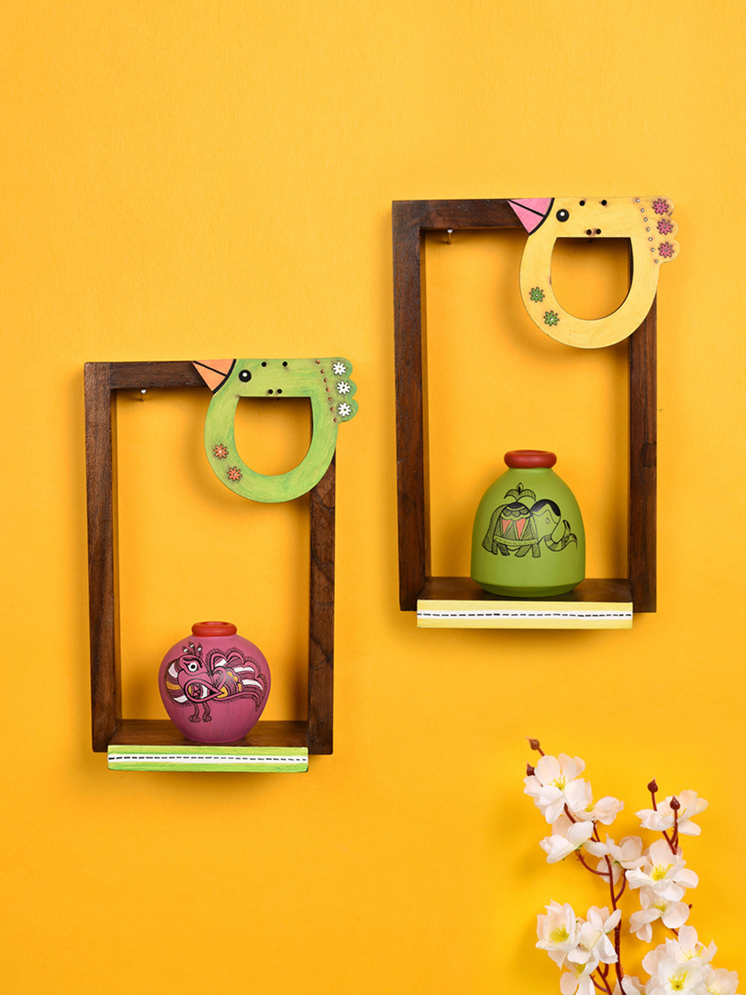 AAKRITI ART CREATIONS Set of 2 Brown Wood Basic Wall Shelves with 2 Pots