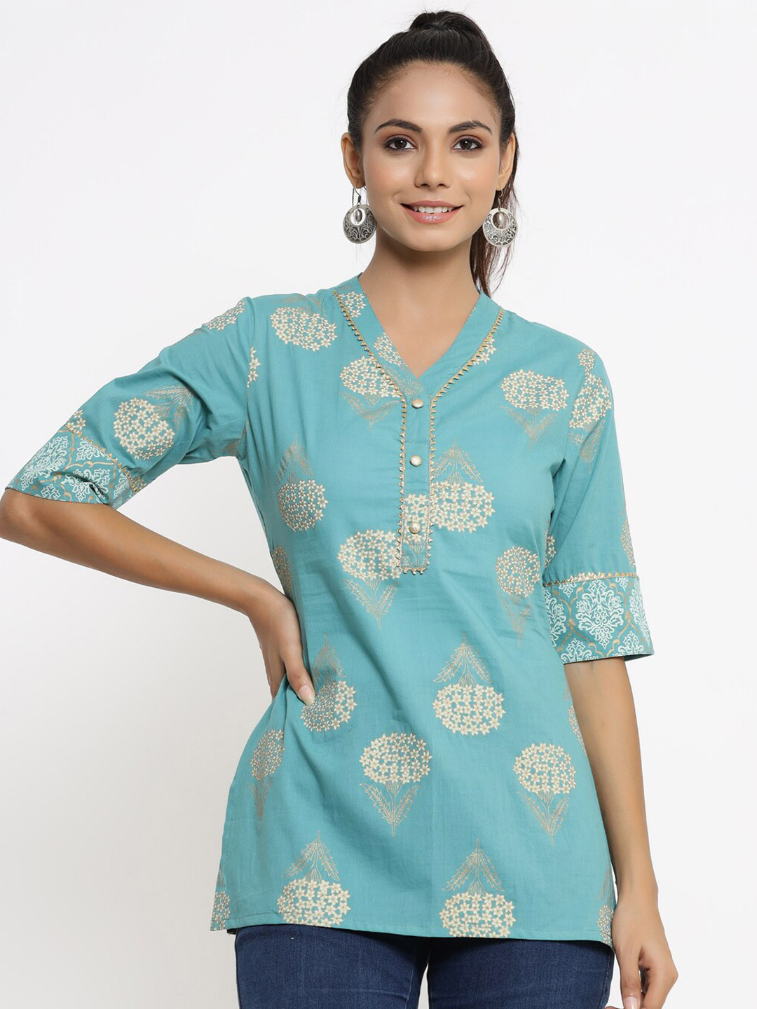 kipek Turquoise Blue & White Viscose Rayon Printed Tunic