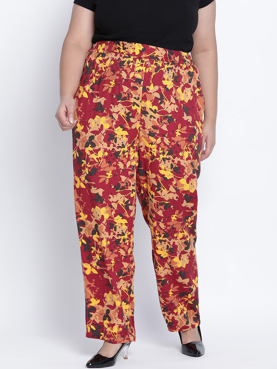 Oxolloxo Women Maroon Floral Printed Parallel Trousers
