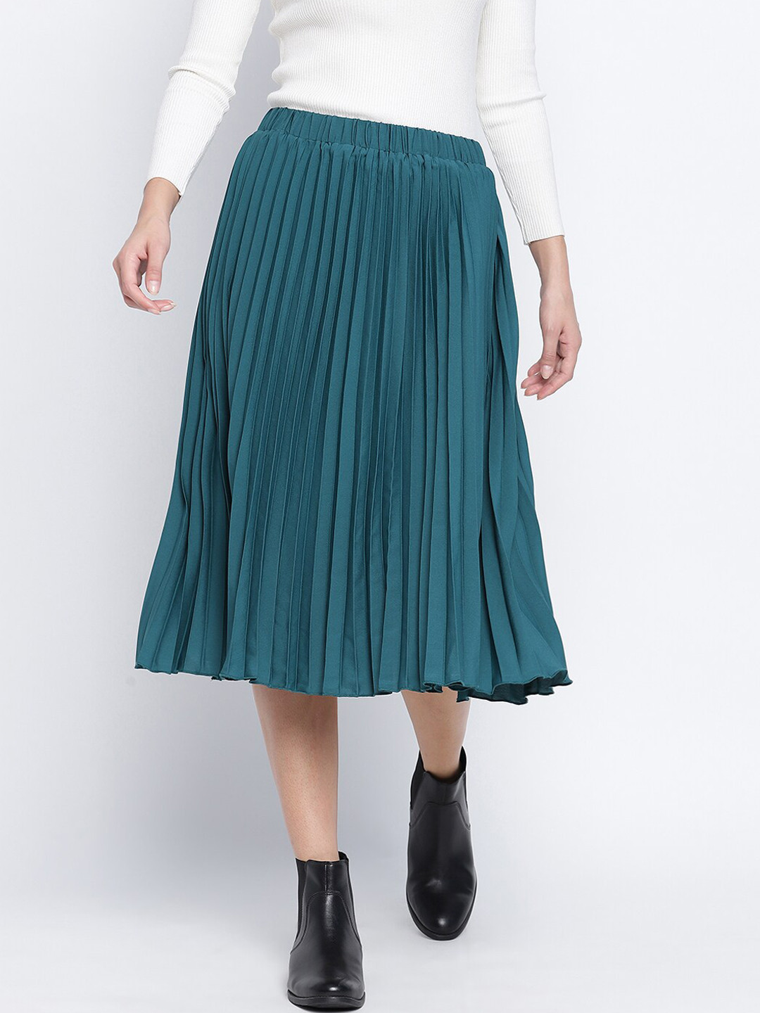 Oxolloxo Women Teal Green Coloured Solid Midi-Length Accordion Pleated Skirt