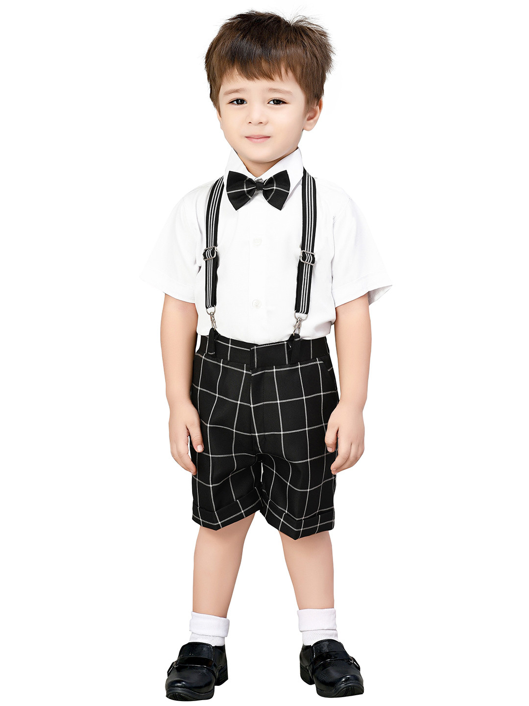 Jeetethnics Boys Black & White Shirt With Checked Shorts With Bow & Suspenders Set