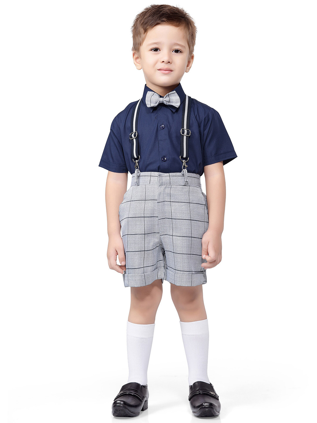 Jeetethnics Boys Grey & Navy Blue Shirt With Checked Shorts With Bow & Suspenders Set