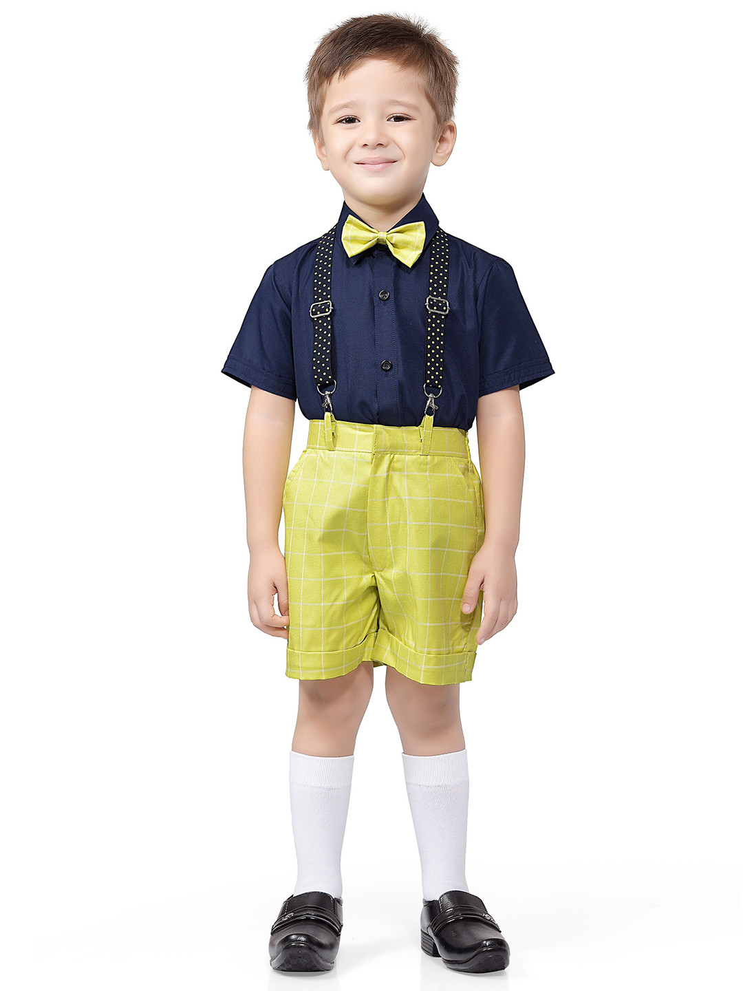 Jeetethnics Boys Yellow & Navy Blue Shirt With Checked Shorts With Bow & Suspenders Set