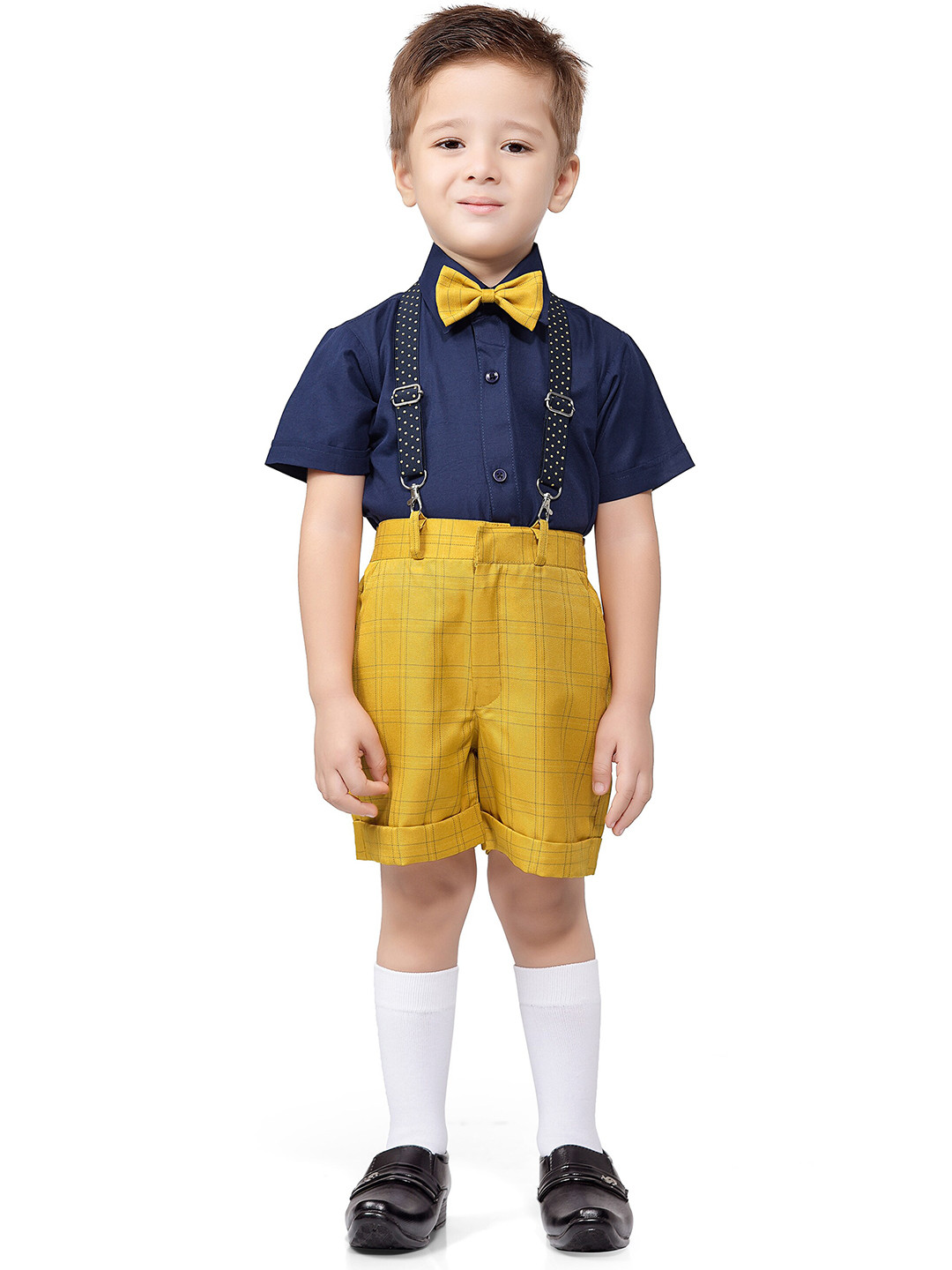 Jeetethnics Boys Yellow & Navy Blue Shirt With Checked Shorts With Bow & Suspenders Set
