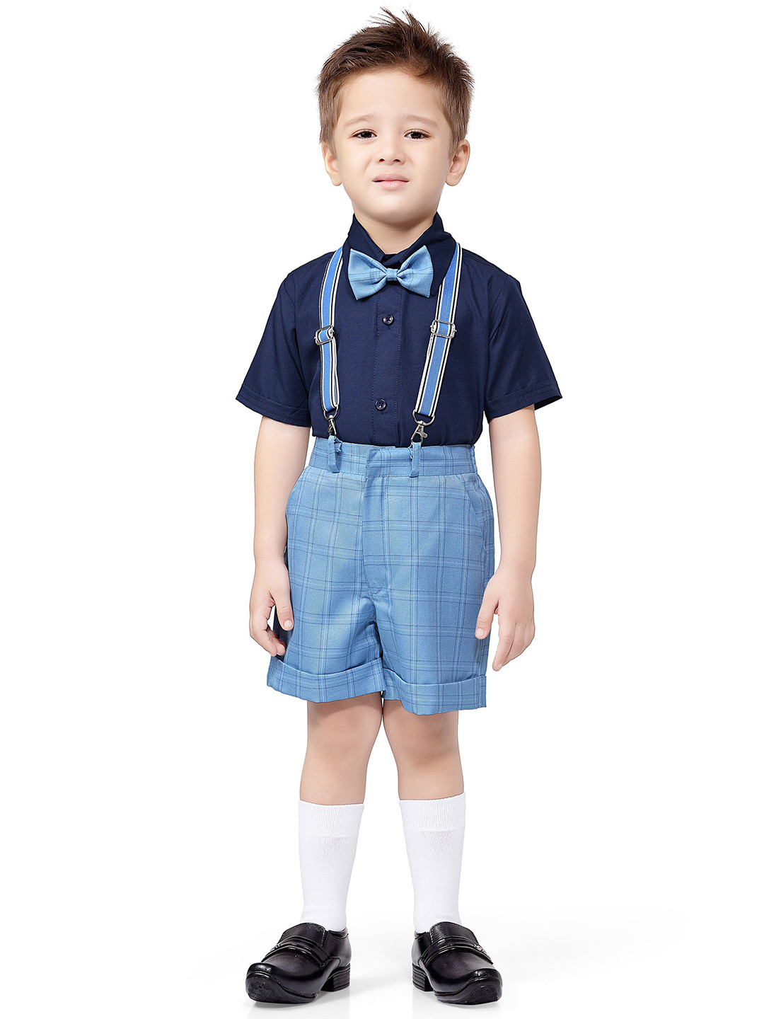Jeetethnics Boys Blue & Navy Blue Shirt With Checked Shorts With Suspender & Bow Set