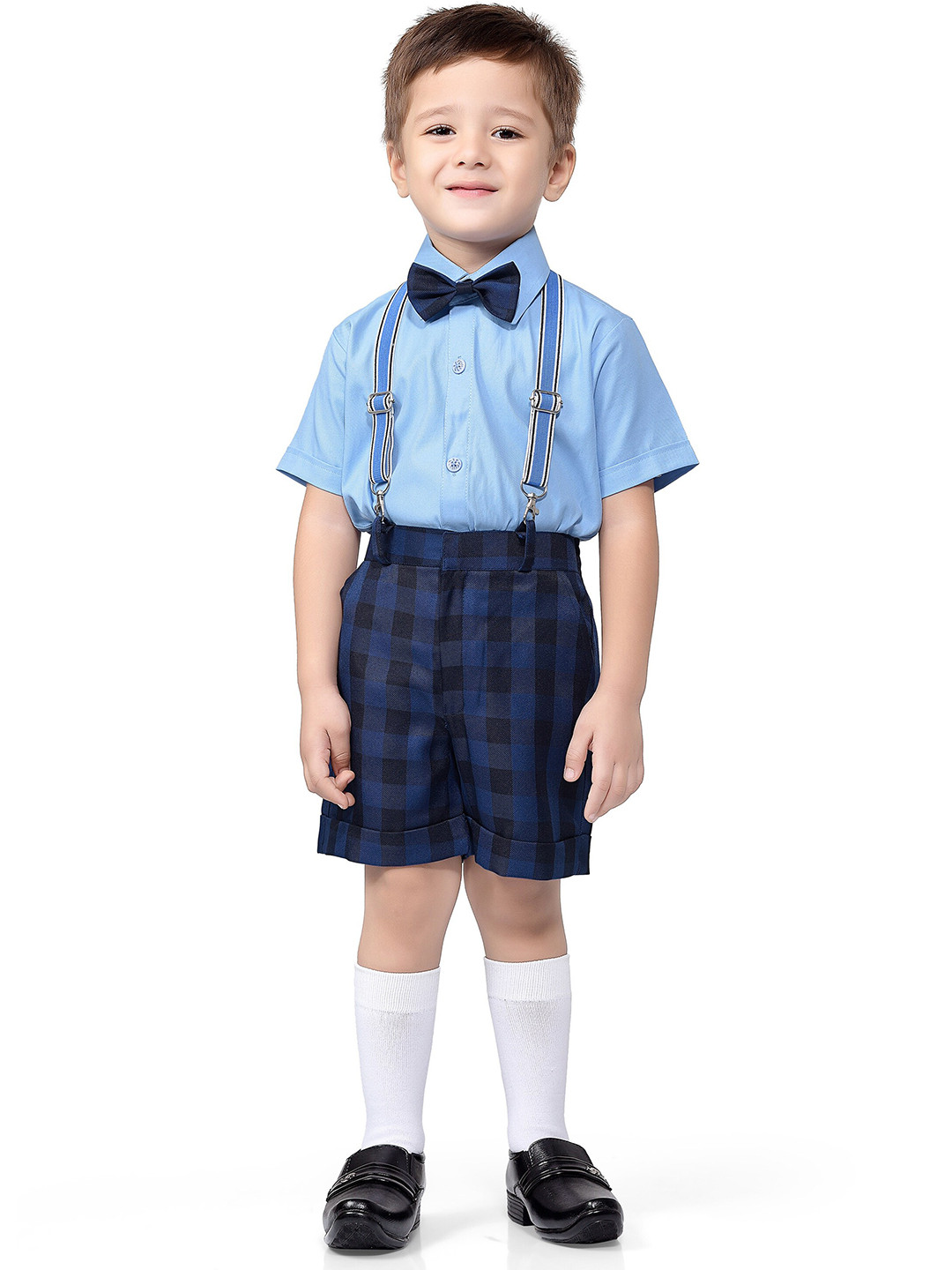 Jeetethnics Boys Navy Blue Shirt with Checked Shorts With Suspender & Bow Set