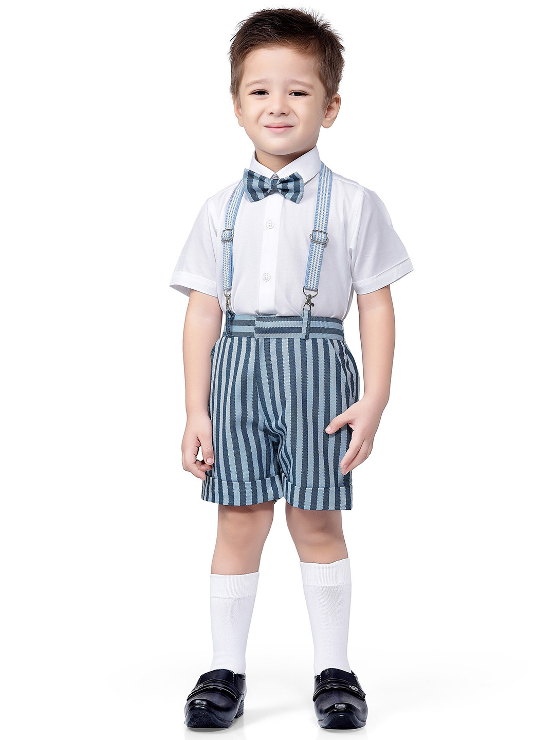 Jeetethnics Boys Blue & White Shirt With Striped Shorts With Suspender & Bow Set