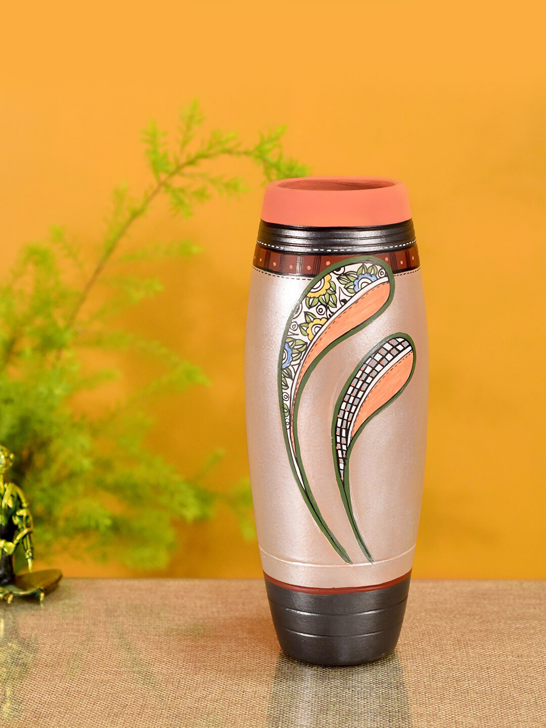 AAKRITI ART CREATIONS Orange & Green Autumn Leaf Handpainted Earthen Vase Tribal Art