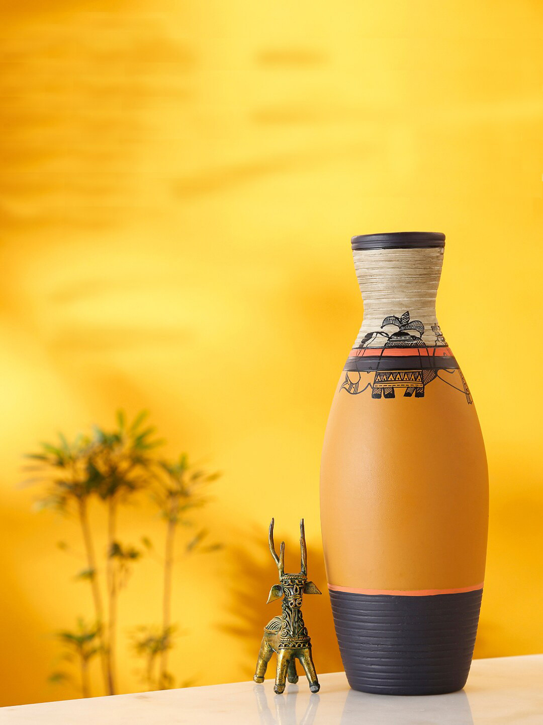 AAKRITI ART CREATIONS Mustard Yellow & Black Madhubani Earthen Vase Tattoo Art
