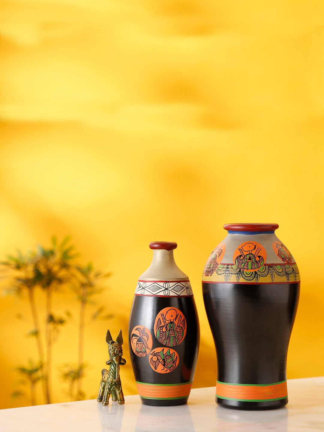 AAKRITI ART CREATIONS Black & Orange Handpainted Earthen Vases Madhubani Tattoo Art
