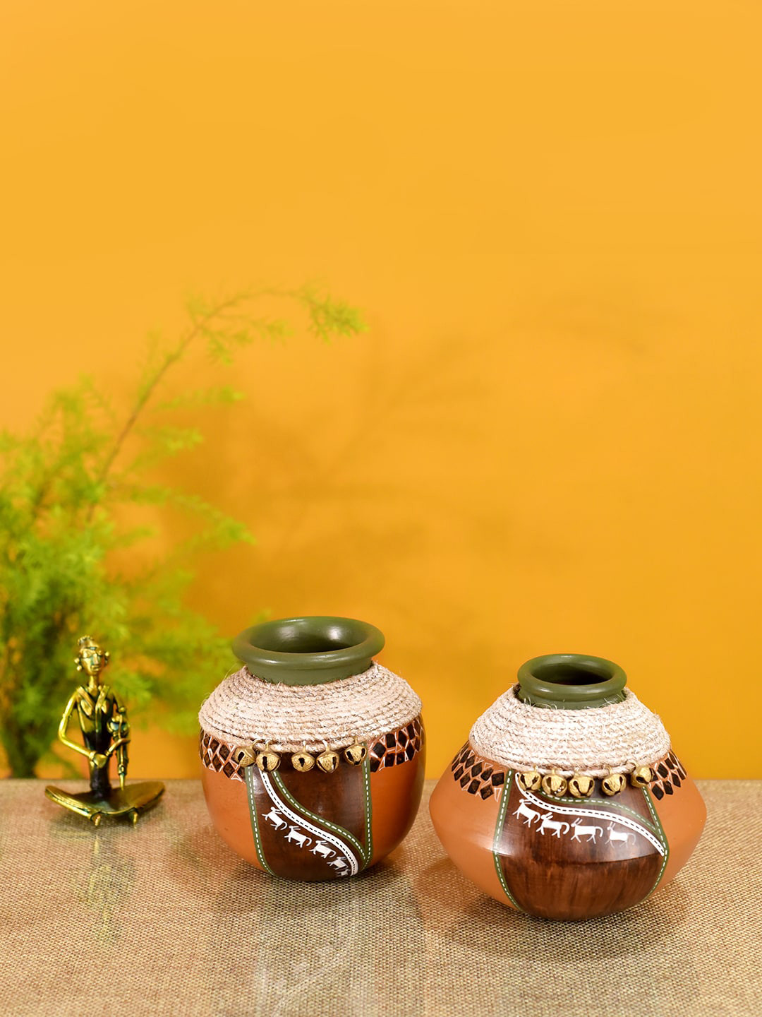 AAKRITI ART CREATIONS Set of 2 Brown Jute Embellished Decorative Pots