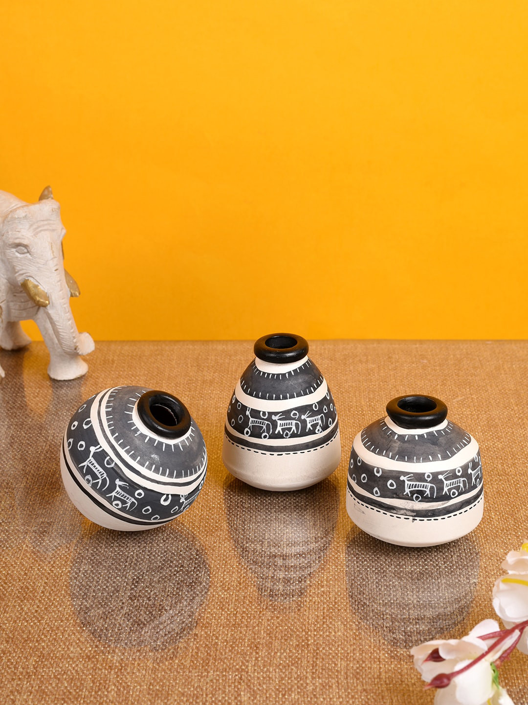 AAKRITI ART CREATIONS Set of 3 White & Black Warli Print Miniature Vases