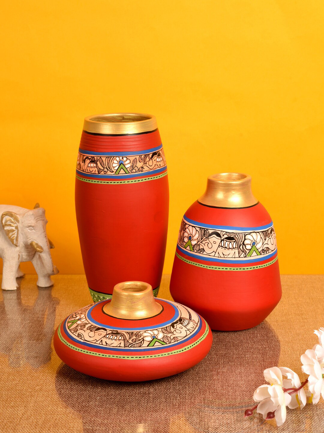 AAKRITI ART CREATIONS Set of 3 Red Earthen Madhubani Vase