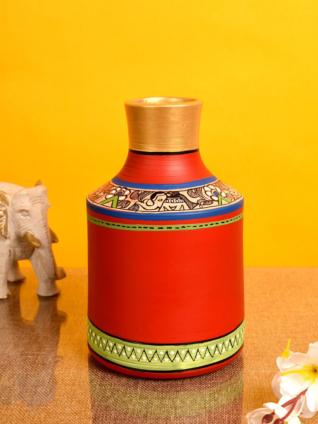 AAKRITI ART CREATIONS Red & Blue Madhubani Handcrafted Earthen Vase