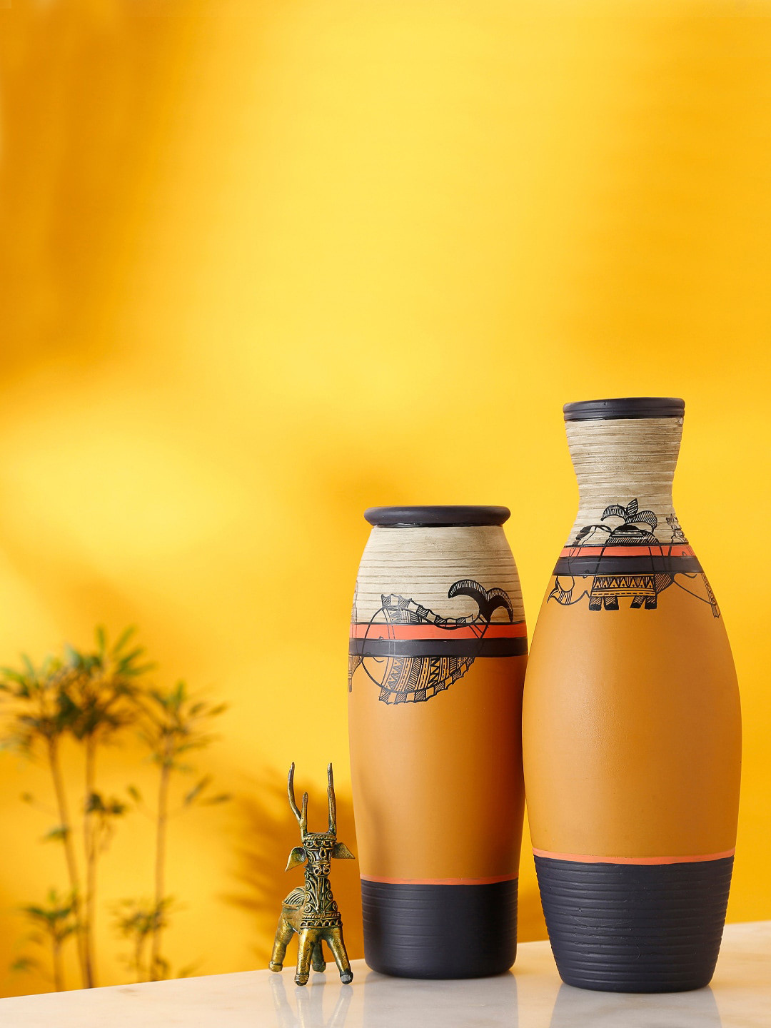 AAKRITI ART CREATIONS Set Of 2 Mustard, Black & Beige Earthen Vases Handpainted in Madhubani Tattoo Art