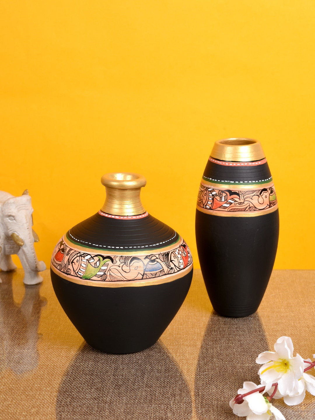 AAKRITI ART CREATIONS Set Of 2 Earthen Black Madhubani Vase