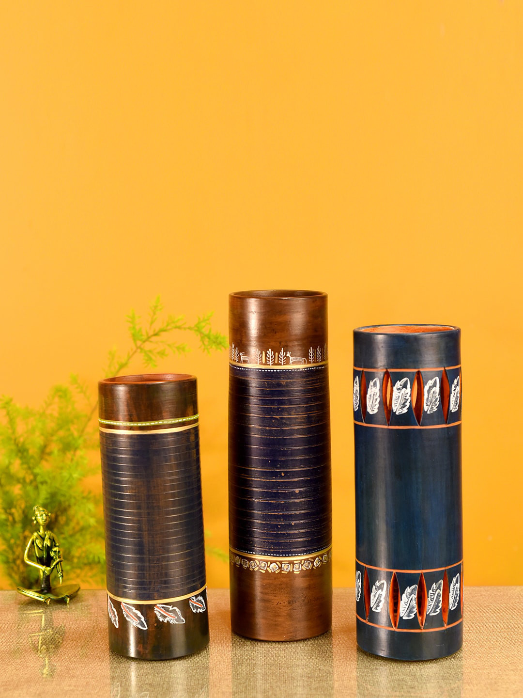 AAKRITI ART CREATIONS Set of 3 Blue & Brown Autumn Leaf Vases