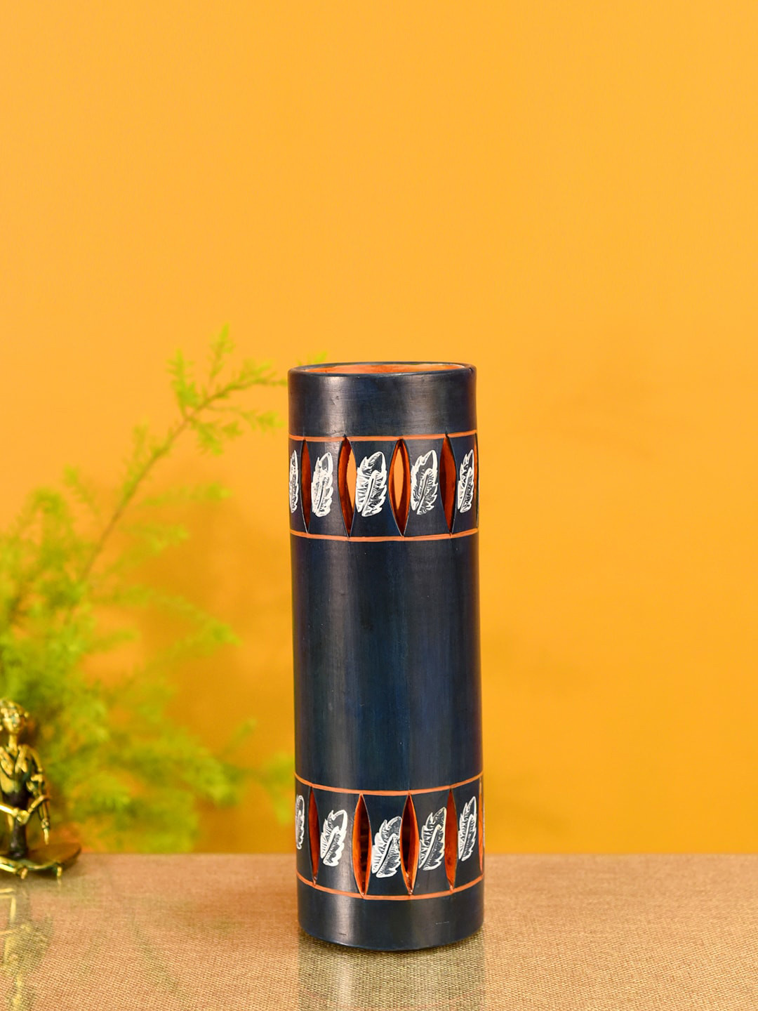 AAKRITI ART CREATIONS Navy Blue & Orange Handpainted Tubular Terracotta Vase