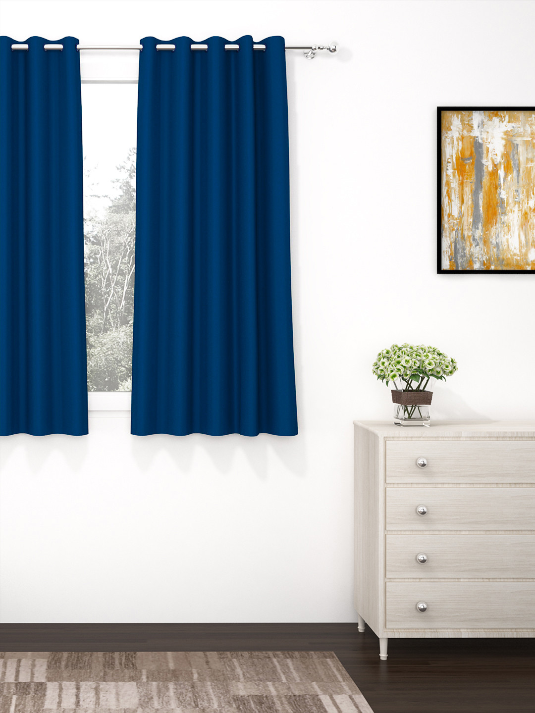 Story@home Navy Blue Faux Silk Black Out Window Curtain- 5 feet
