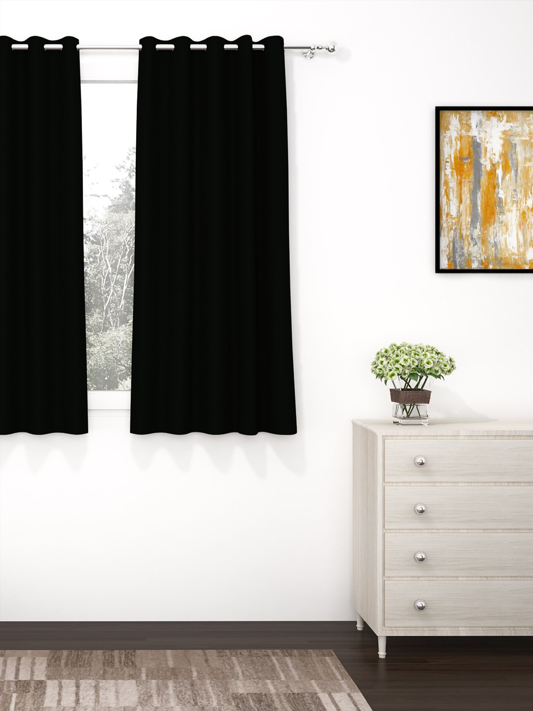 Story@home Black Faux Silk Black Out Window Curtain- 5 feet
