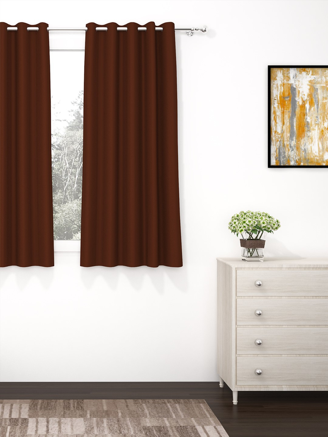 Story@home Brown Faux Silk Blackout Solid Single Window Curtain- 5 feet