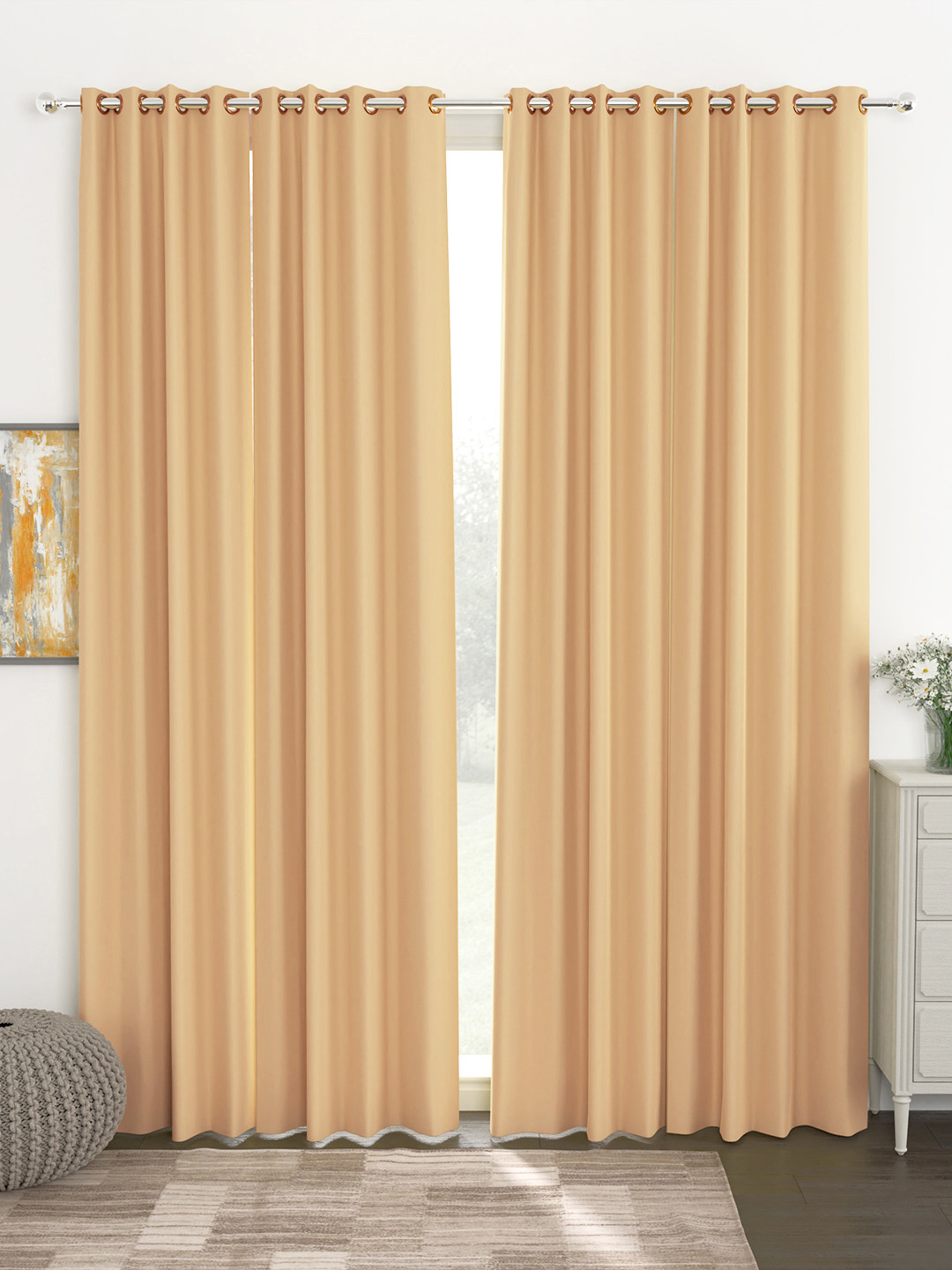 Story@home Cream-Coloured Set of 4 Faux Silk Black Out Long Door Curtain- 9 feet