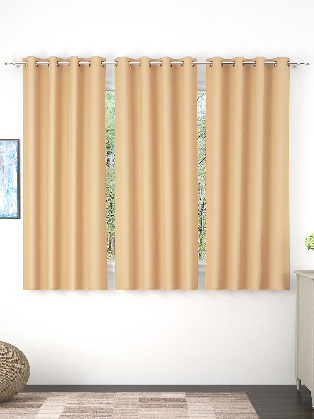 Story@home Cream-Coloured Set of 3 Faux Silk Black Out Window Curtain- 5 feet