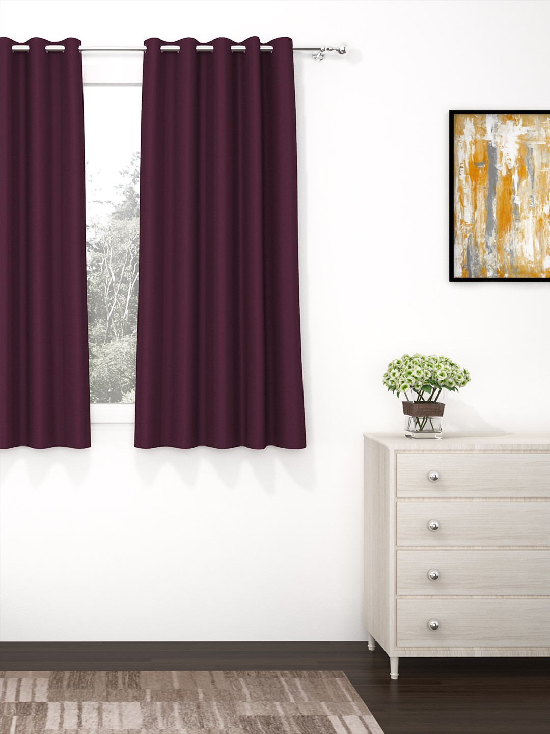 Story@home Purple Faux Silk Black Out Window Curtain- 5 feet