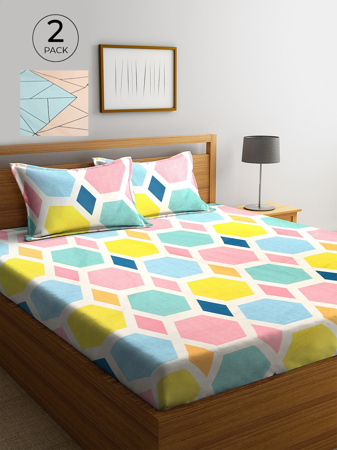 KLOTTHE Multicoloured Geometric Cotton Skin-Friendly 300 TC Fitted King Fine 2 Bedsheet with 4 Pillow Covers-98 x 87 inches
