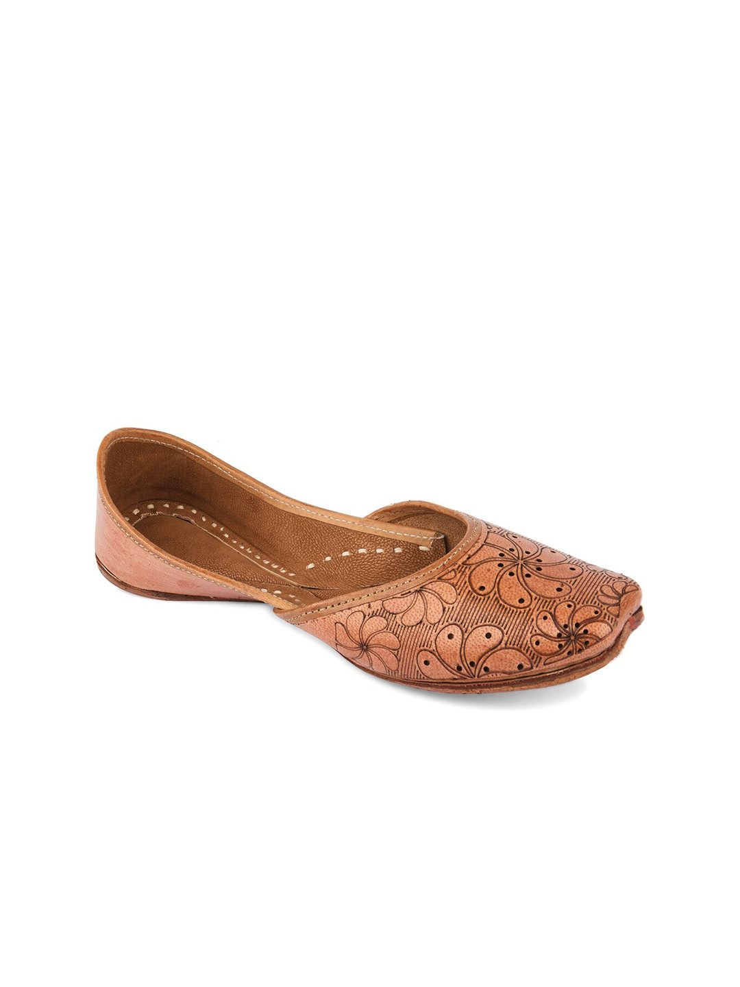 DESI COLOUR Women Peach-Coloured Printed Leather Ethnic Mojaris Flats