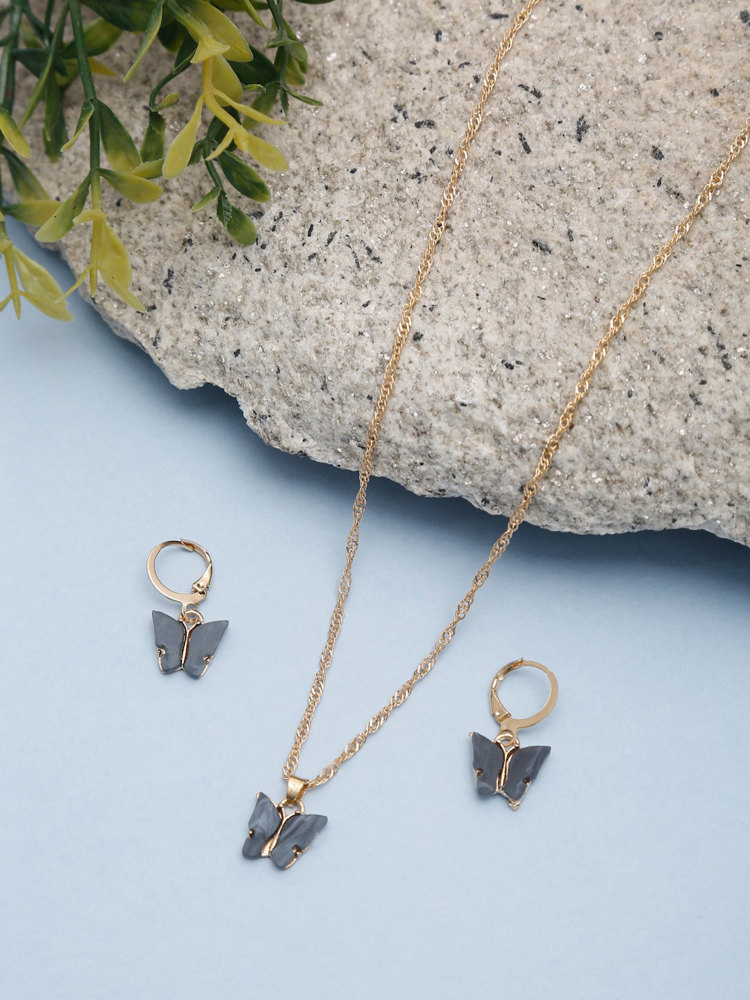 Celena Cole Grey-Toned & Gold-Plated Butterfly Shaped Necklace With Earrings