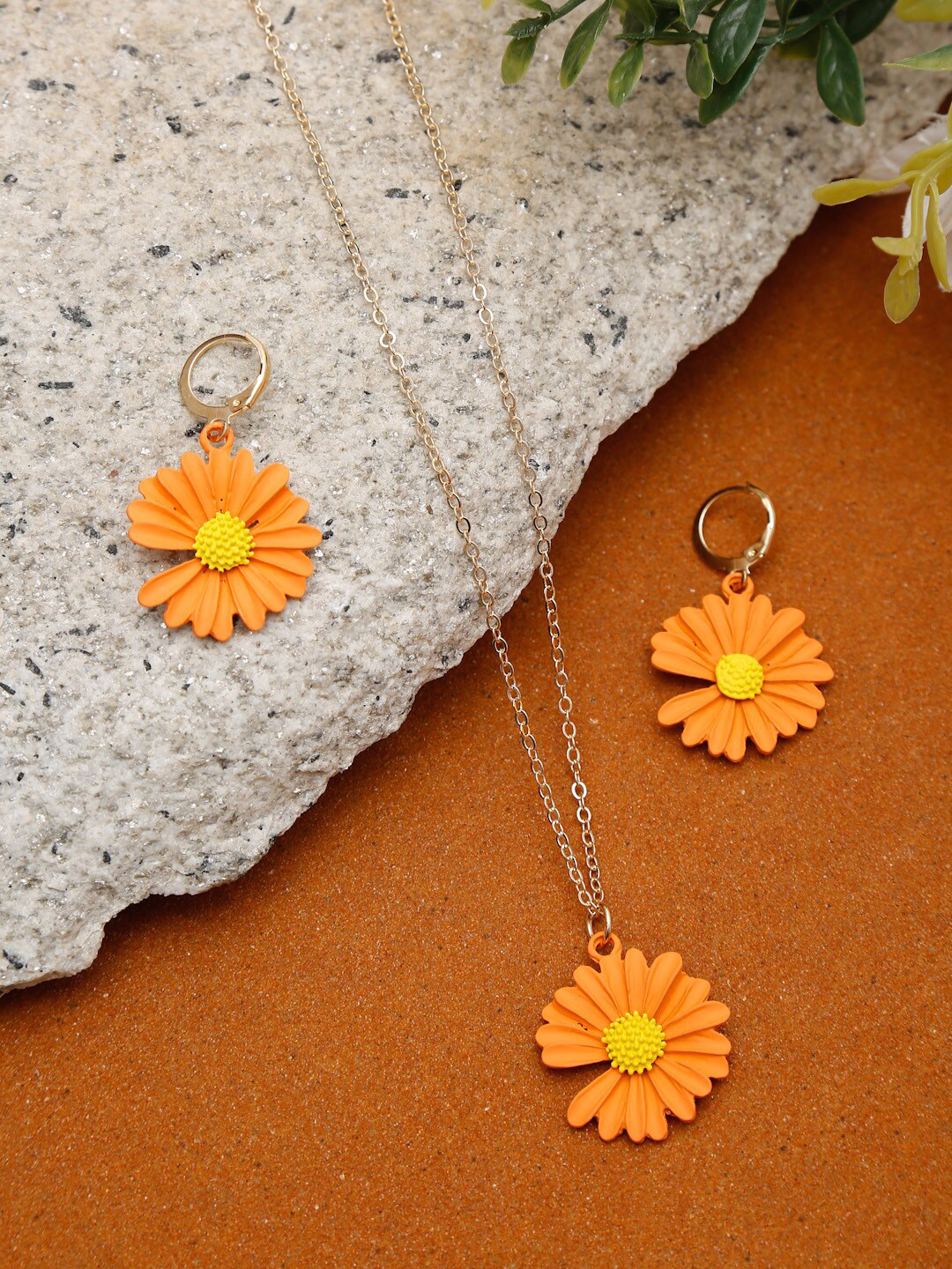 Celena Cole Gold-Plated Orange & Yellow Floral Shaped Pendant With Chain
