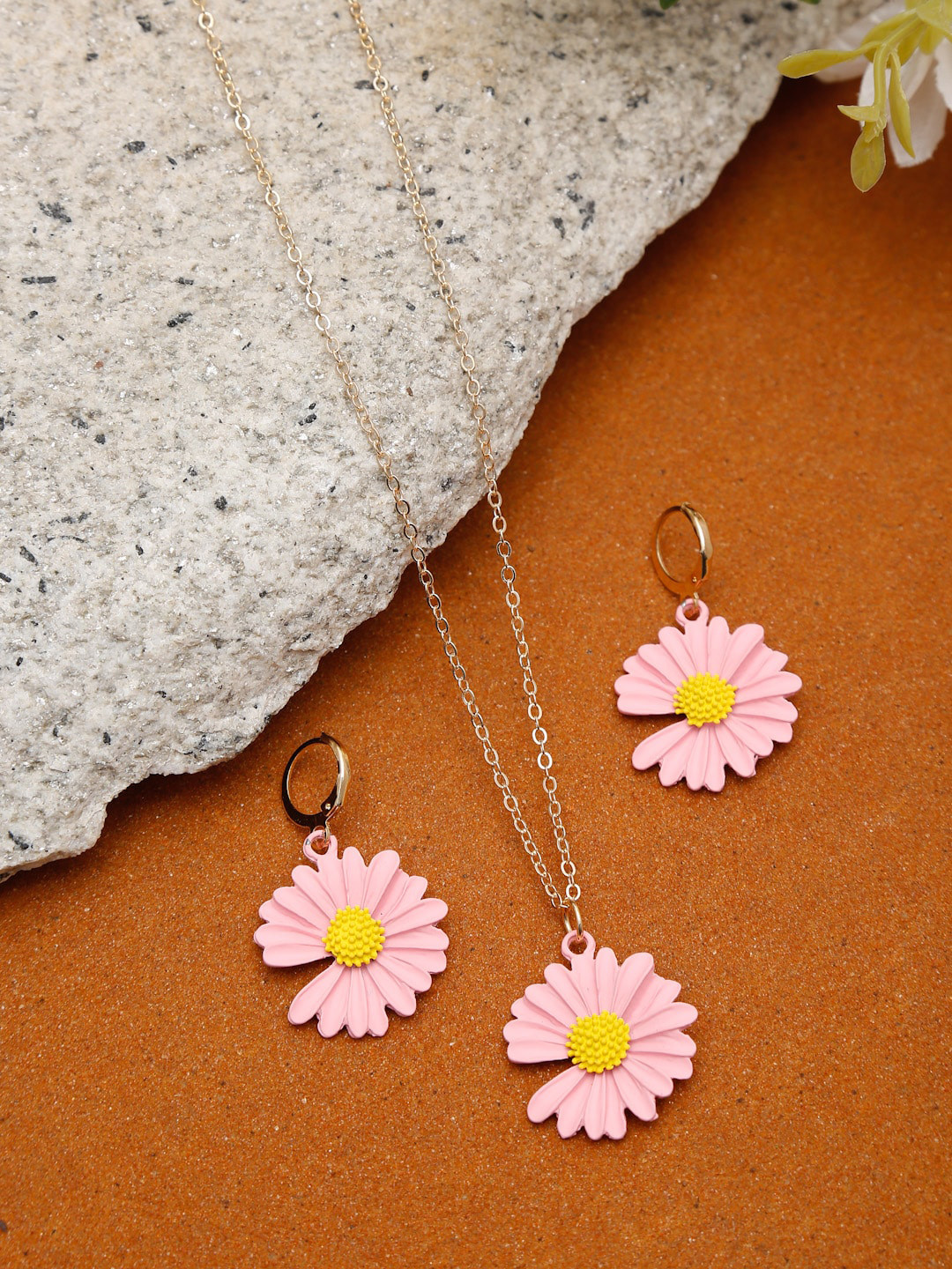 Celena Cole Gold-Plated Pink & Yellow Floral Shape Jewellery Set