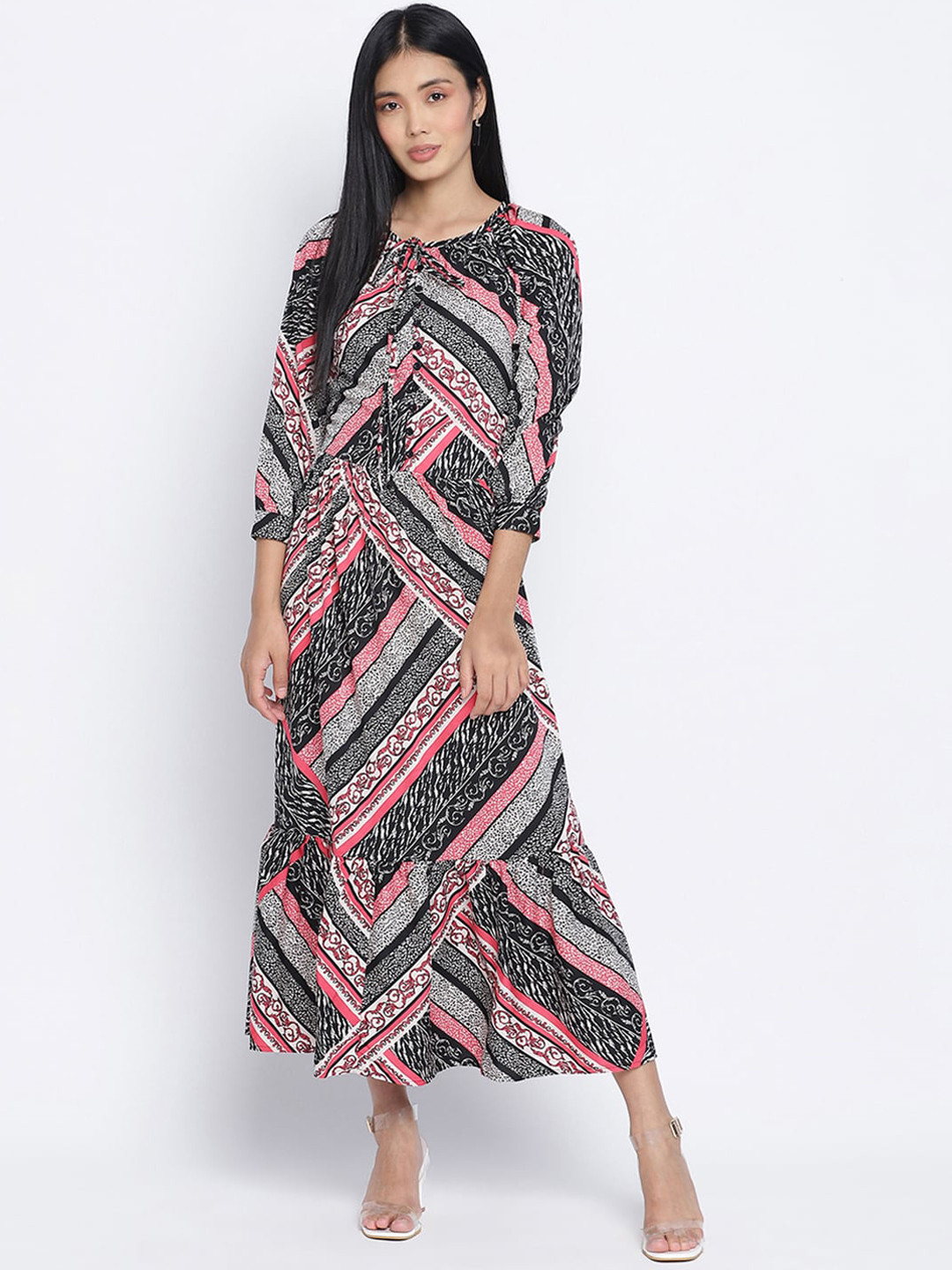 Oxolloxo Multicoloured Ethnic Motifs Tie-Up Neck Satin Maxi Dress
