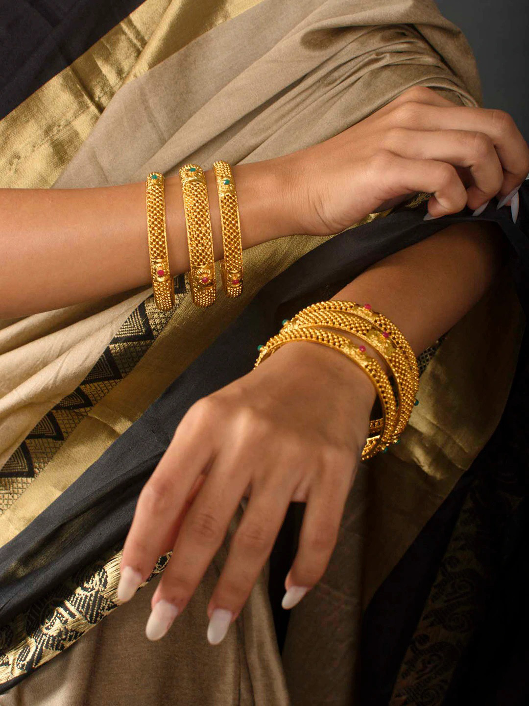 Fida Set Of 6 Gold Toned Green & Pink Stone Studded Bangles