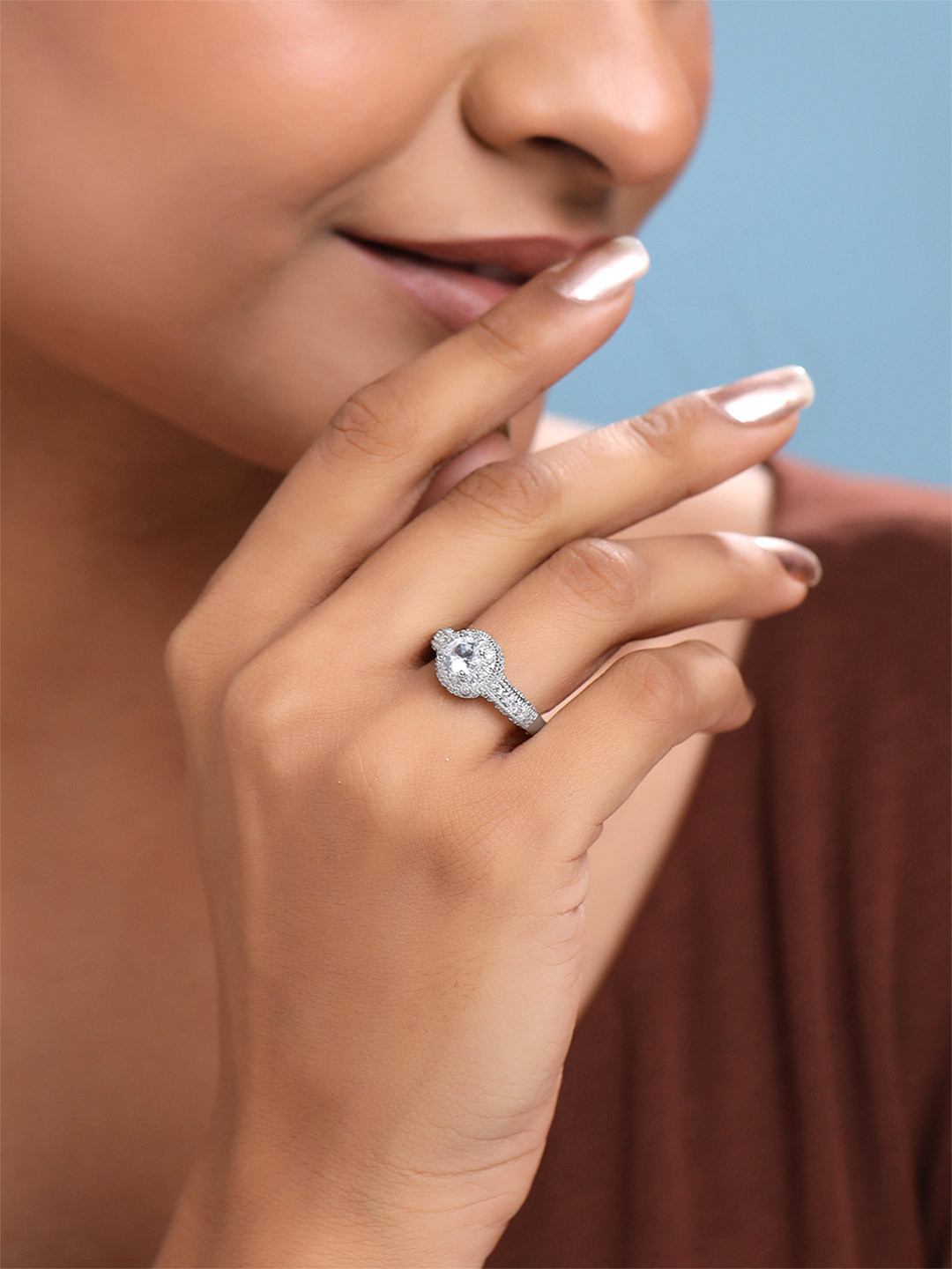 Yellow Chimes Rhodium-Plated Crystal-Studded Designer Finger Ring