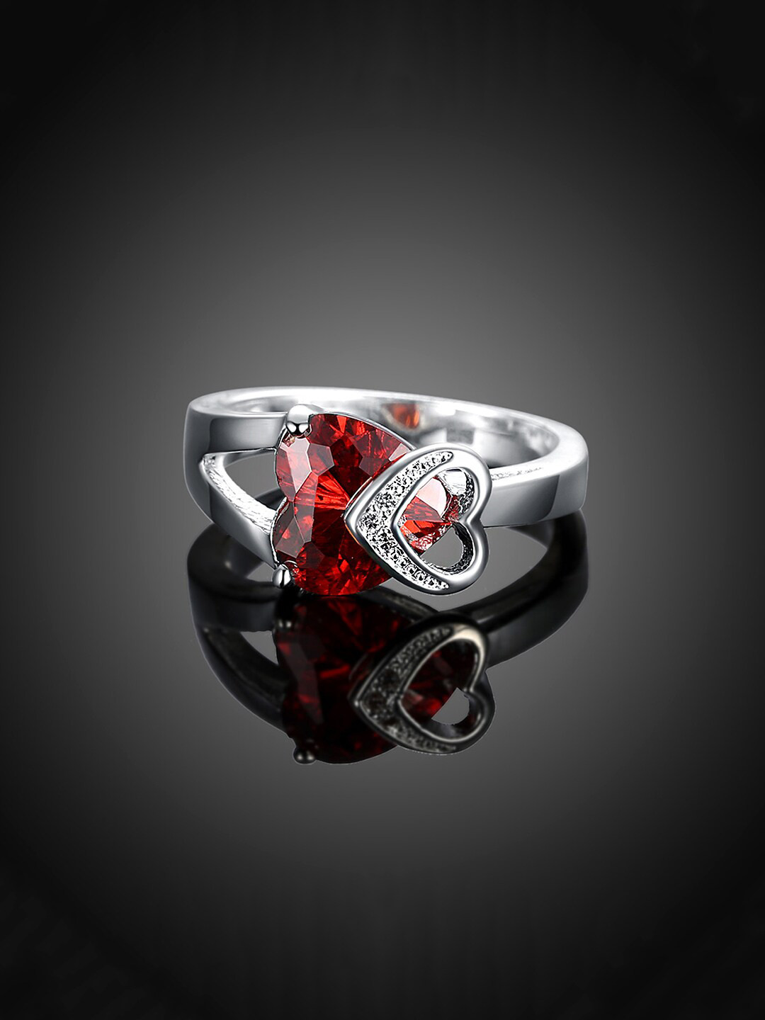 Yellow Chimes Rhodium-Plated & Red Crystal-Studded Finger Ring