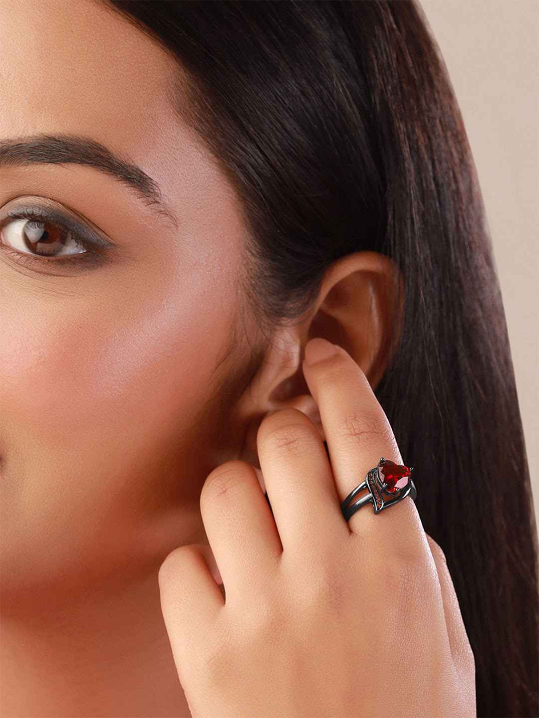 Yellow Chimes Rhodium-Plated & Red Crystal-Studded Finger Ring