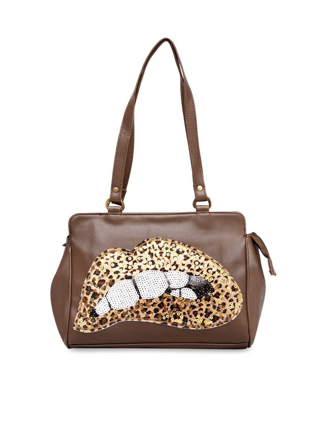 Pink Potato Brown Embellished Structured Leatherette Handheld Bag