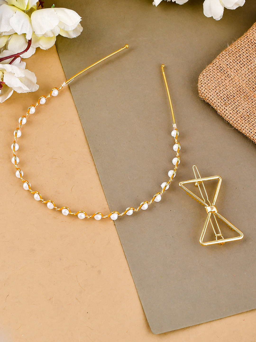 Silvermerc Designs Women Gold-Toned Set of 2 Beaded Hair Accessory Set