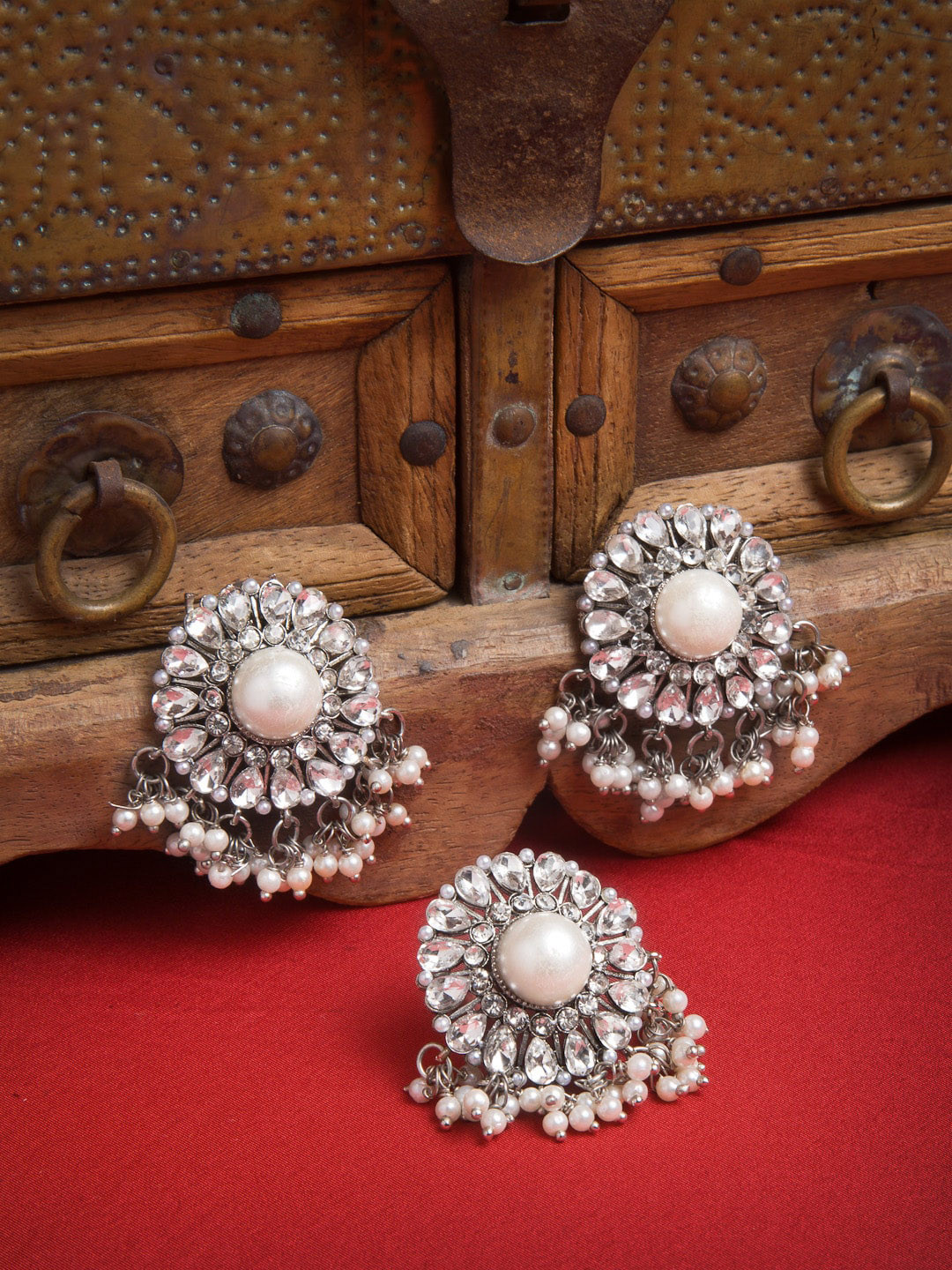 PANASH Woman Silver-Toned AD Stones-Studded Adjustable Finger Ring With Drop Earrings