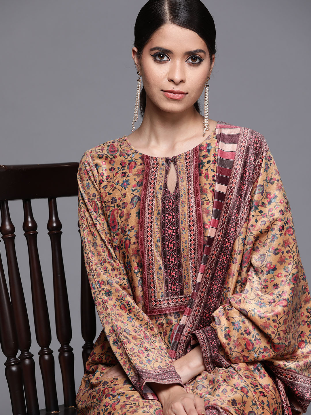 Libas Women Mustard Yellow Floral Printed Regular Velvet Kurta with Palazzos & With Dupatta