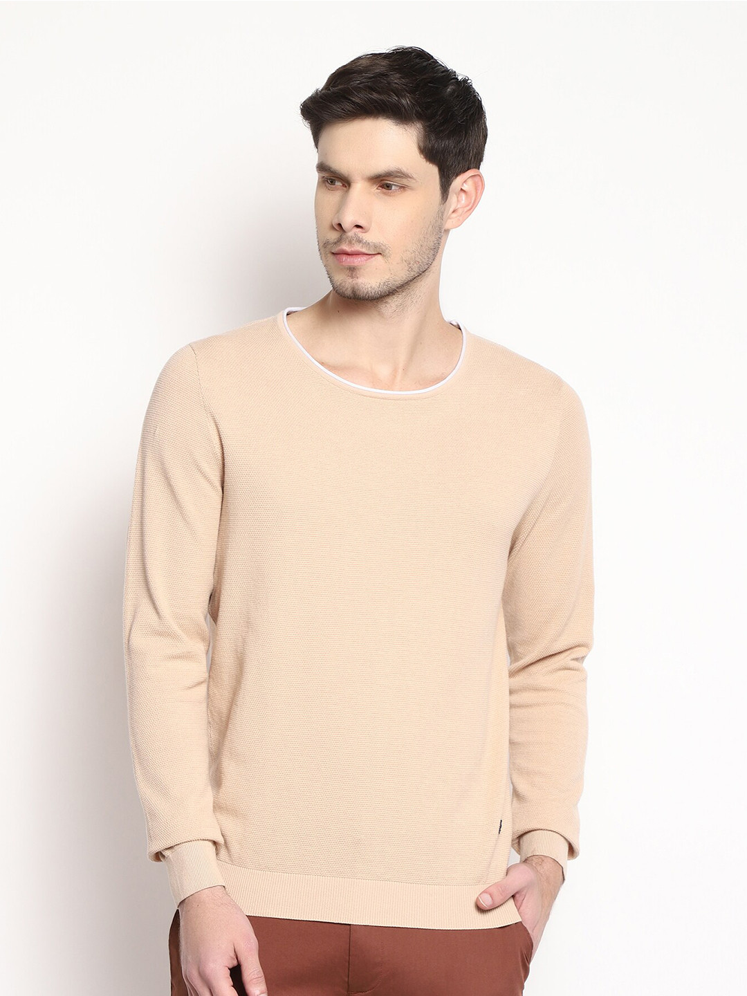 Blackberrys Men Beige Pure Cotton Solid Pullover Sweater